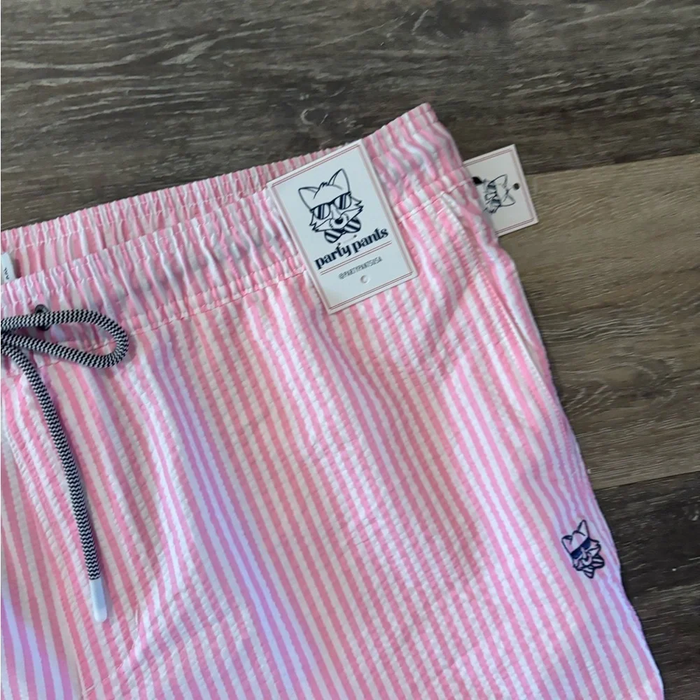Mens Partypants Pink Seersucker Drawstring swim Shorts/ Bathing suit Sz XXL NWT